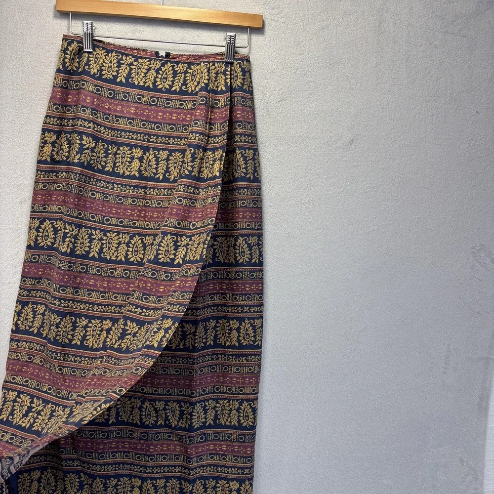 Vintage 100% Silk Faux Wrap Midi Skirt Womens 6 Dark Floral‎ Traditional Boho
